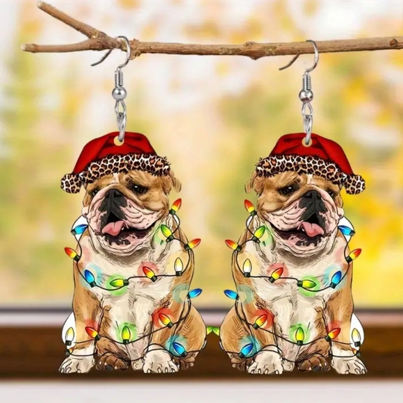 Bulldog Holiday Acrylic Dangle Christmas Earrings. NWOT - Picture 1 of 4